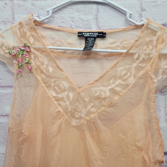 NEW Y2K Rampage Clothing 100% Silk Peach Blouse Sz L Sheer Fairycore Coquette - Picture 2 of 8